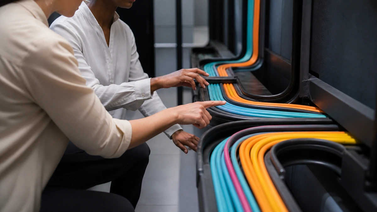 Spécialistes examinant des raccordements de fibres.