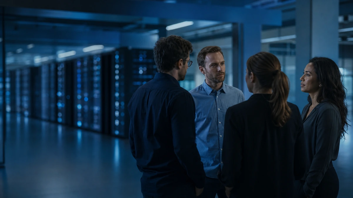Équipe échangeant dans une salle d opérations technique.