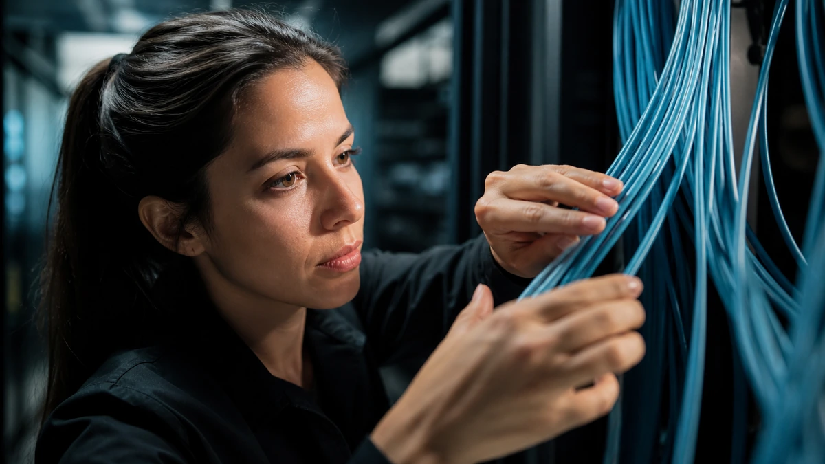 Ingénieure inspectant un faisceau de fibres dans une salle réseau.