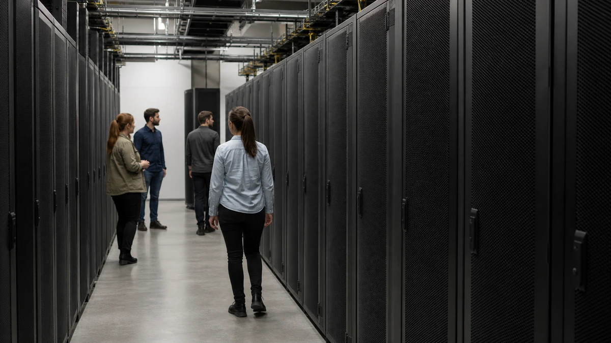 Équipe réalisant un audit matériel dans une salle technique.
