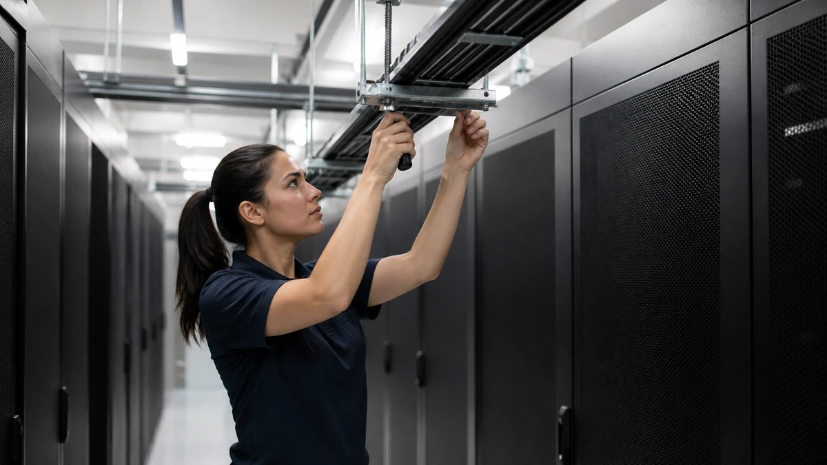 Technicienne entretenant une goulotte dans un datacenter.