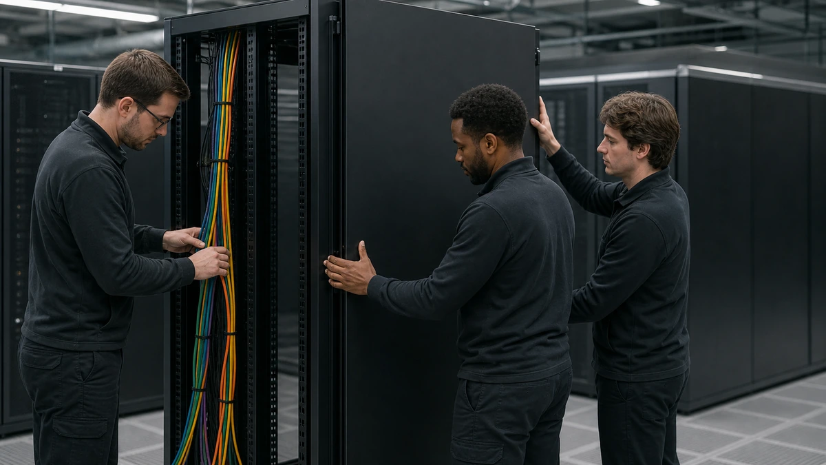 Ingénieurs préparant une baie serveur pour une migration cloud.