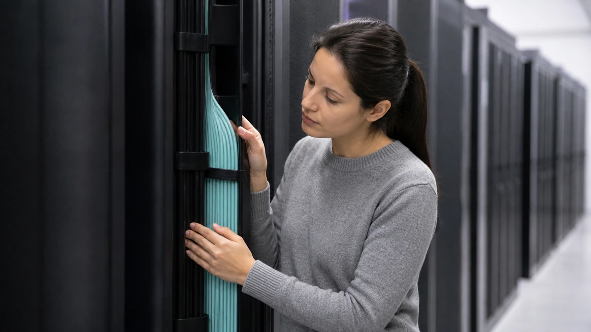 Technicienne reliant des faisceaux de fibres dans un datacenter.