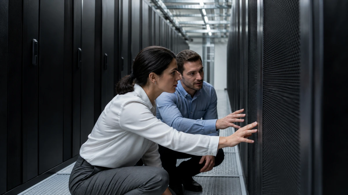 Spécialistes inspectant le refroidissement derrière des racks.
