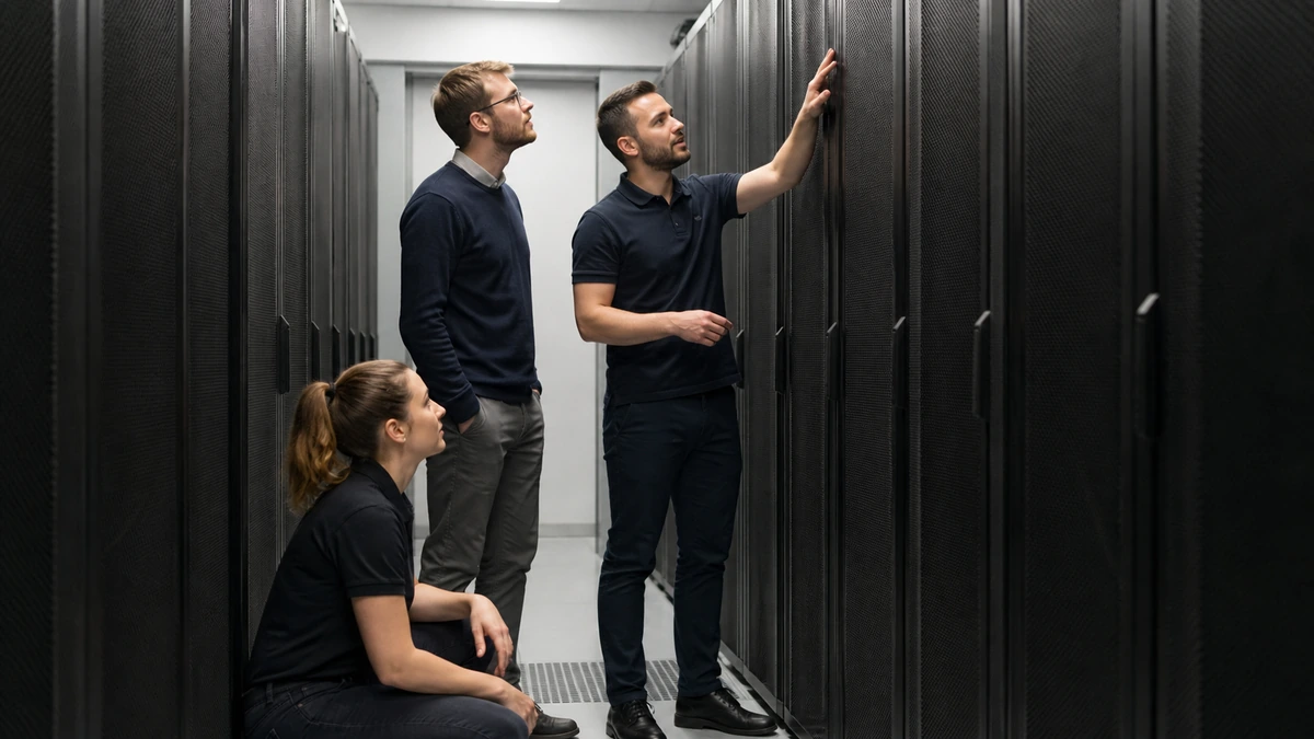 Équipe data inspectant du matériel dans une salle serveur.