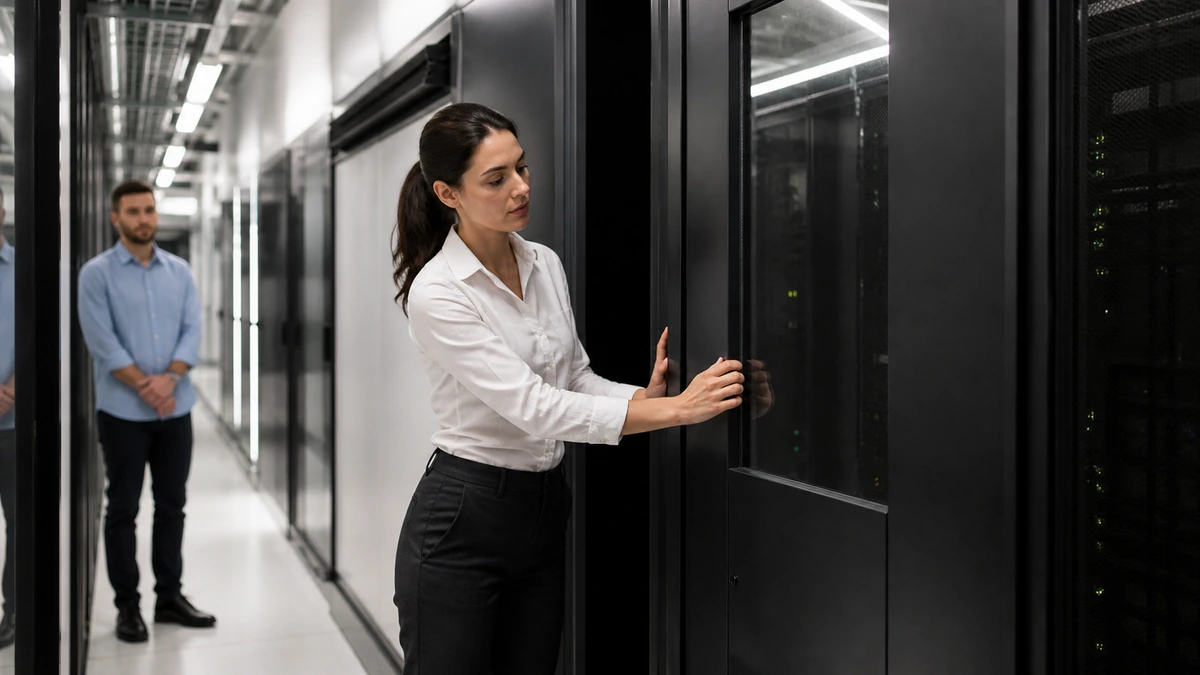 Responsable sécurité refermant un sas de datacenter.