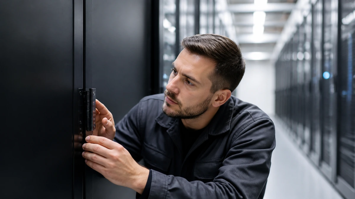 Technicien inspectant une porte de baie sécurisée.