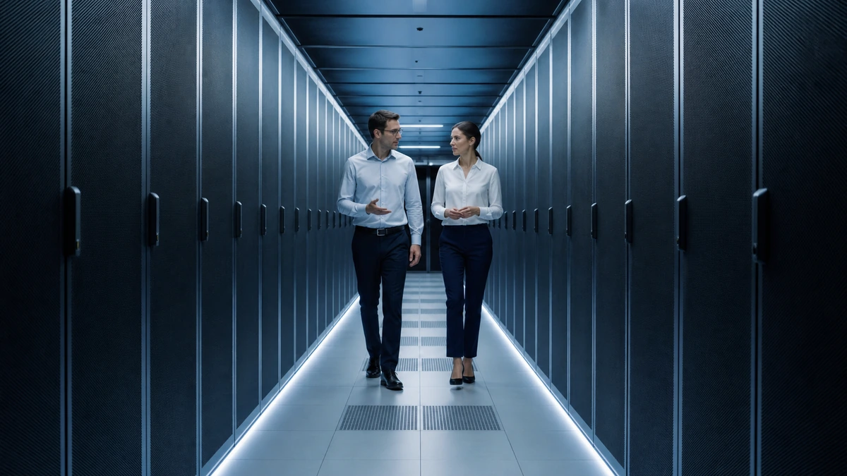 Architectes cloud inspectant des racks depuis une allée centrale.